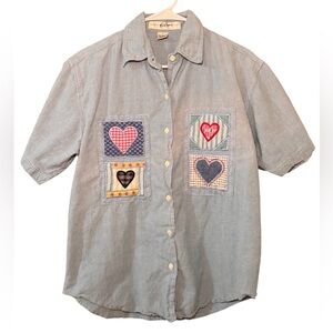 Vintage Kikomo Heart Patchwork Shirt Small S Blue Cotton Chambray Cottagecore 90